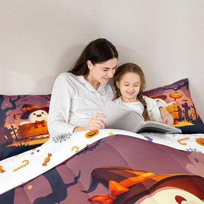 Erosebridal Teens Halloween Queen Comforter Set, Cute Ghost Bow Bedding Set Spooky Halloween Decor Comforter for Kids Boys Girls Youth Adults Bedroom, Cartoon Graveyard Gothic Pumpkin Lantern Quilt