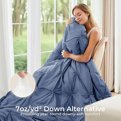 Sasttie Queen Comforter Set, 7-Piece Bed in a Bag, Pintuck Bedding Sets for All Season, Includes Comforter, Flat Sheet, Fitted Sheet, Pillowcases and Pillowshams, Slate Blue