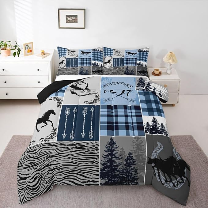 Erosebridal Kids Horse Comforter Set, Southwest Horseshoe Bedding Set Vintage Western Riding Boots Quilt Arrow Forest Plaid Patchwork Bedding Comforter Set Rustic Farmhouse Lodge Bedroom Decor, Twin