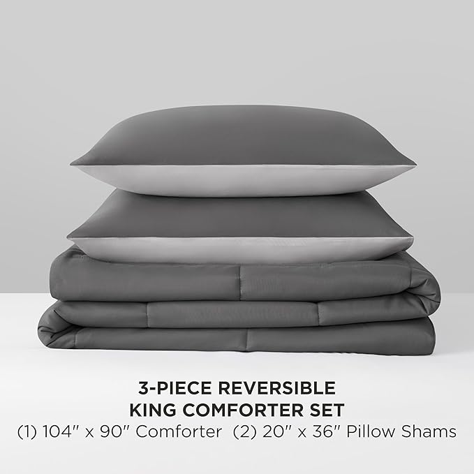 Reversible Box Stitch Comforter Set, 3-Piece King – Dark Grey/Light Grey – Stylish Bedding Set