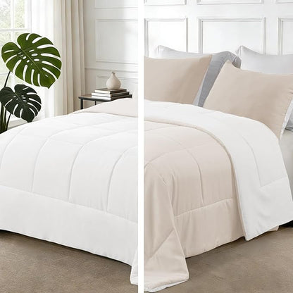 Exclusivo Mezcla Lightweight Reversible Full Queen Size Comforter Set, Down Alternative Comforter with 2 Pillow Sham, Full Queen Size Bedding Set for All Seasons, Brich Beige/White