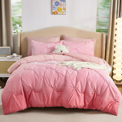 Dinjoy Ombre Comforter Set Twin Size, 5-Piece Bed in a Bag for Kid Teen, Pintuck Colorful Rainbow Bedding Sets with Comforter, Flat Sheet, Fitted Sheet and Pillowcases & Shams, Pink