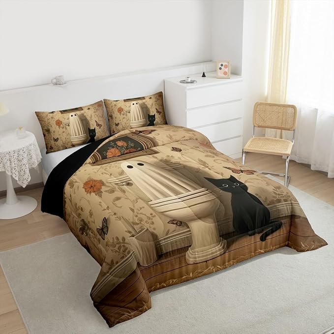Erosebridal Halloween Cat Full Bedding Set, Halloween Ghost Comforter Set, Vintage Bohemia Comforter, Retro Antumn Funny Gothic Quilt for Kids Boys Girls Women Men Gothic Bedroom Decor, Microfiber