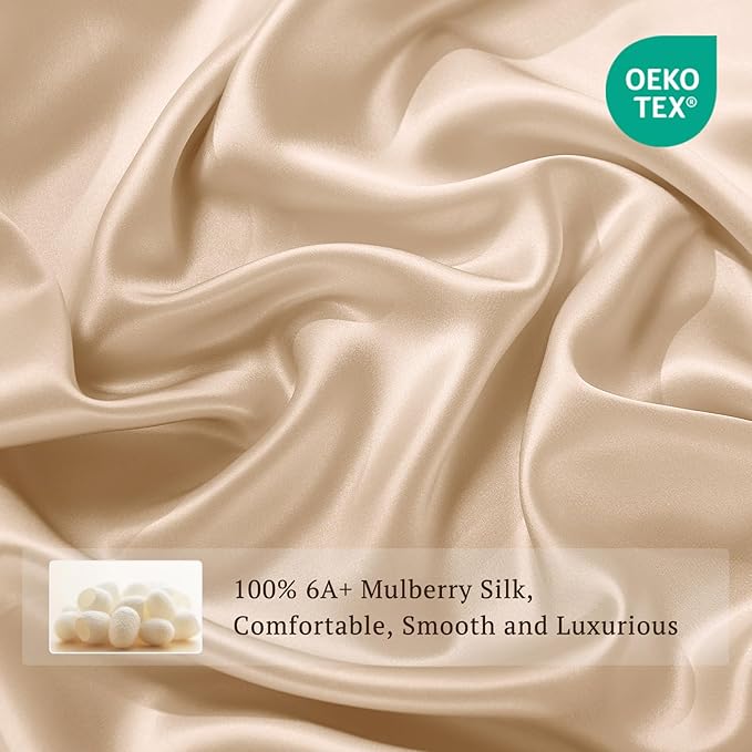 THXSILK 6A+ Top Grade 100% Pure Mulberry Silk Full Fitted Sheet 3Pcs Set Bed Sheets Luxury Bedding for Hair and Skin Healthy Natural Materials, 1 Fitted Sheet with 2 Pillowcases, Champagne