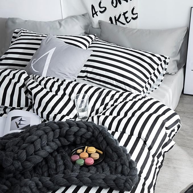CLOTHKNOW Striped Comforter Sets Full Black White Bedding Comforter Sets Farmhouse Comforter Ticking Boho Comforter with 2 x Pillow Cases