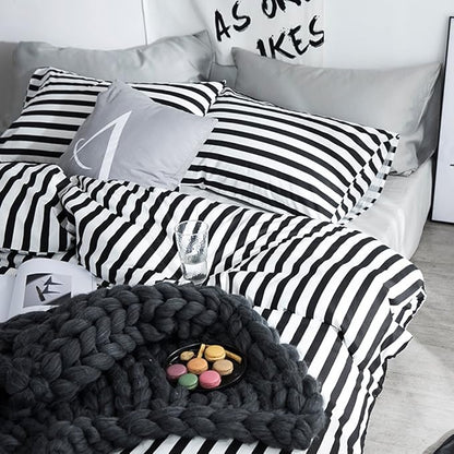 CLOTHKNOW Striped King Size Comforter Set Black and White Bedding Comforter Sets Soft Farmhouse Ticking Comforter with 2 x Pillow Cases