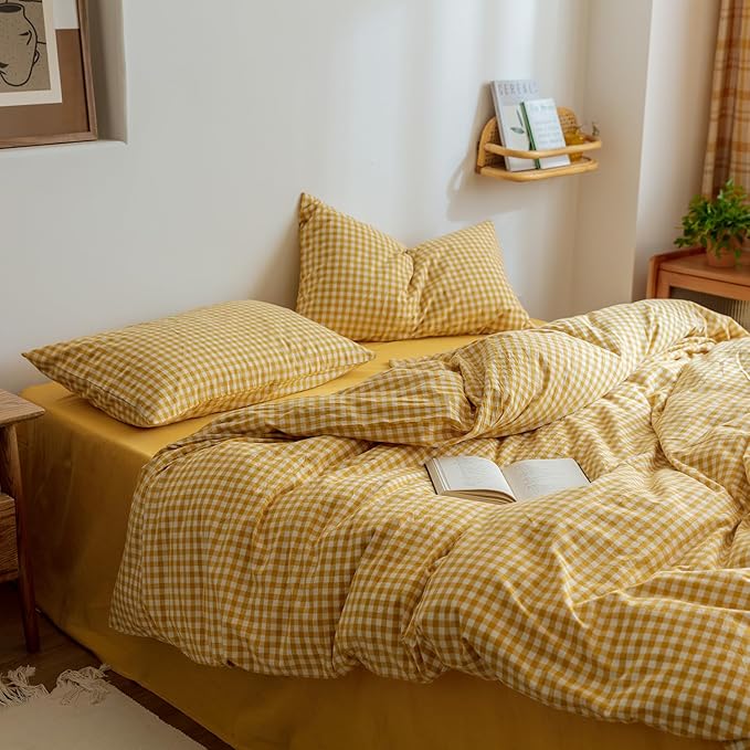 mixinni Yellow Gingham Comforter Set Twin XL, Plaid Comforter Set 3 Pieces 1 Yellow Grid Comfoter with 2 Pillow Cases for All Seasons, Soft Fluffy Modern Grid Pattern Printed Bedding-Twin XL Size