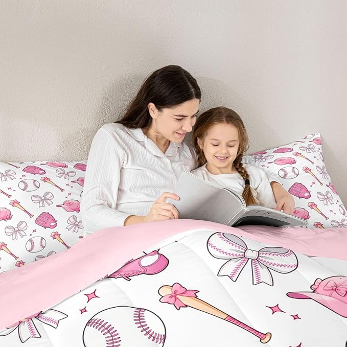 Baseball Bow Comforter Set Queen Size,Pink Bowknot Bedding Sets 3Pcs for Kids Girls Boys Women Room Decor,Baseball Bat and Cap Quilted Duvet Cute Girly Sports Down Comforter,2 Pillowcases