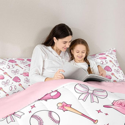 Castle Fairy Baseball Bow Comforter Set King Size,Pink Bowknot Bedding Sets 3Pcs for Kids Girls Boys Women Room Decor,Baseball Bat and Cap Duvet Insert Cute Girly Sports Down Comforter,2 Pillowcases