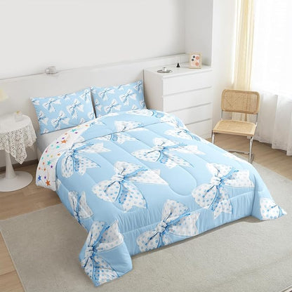 Erosebridal Blue Cartoon Bowknot King Bedding Set For Girls,Cute Kawaii Dot Bow Comforter Set Girly Coquette Princess Style Bedding Comforter Sets For Kids Teen Adults,Romantic Aesthetic Bow Tie Quilt