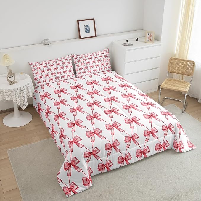 Feelyou Red Bow Comforter Set Toddler Size Cute Bowknot Bedding Set Boys Girls Bow and Stripes Comforter for Kids Women Men Kawaii Duvet Set 2Pcs