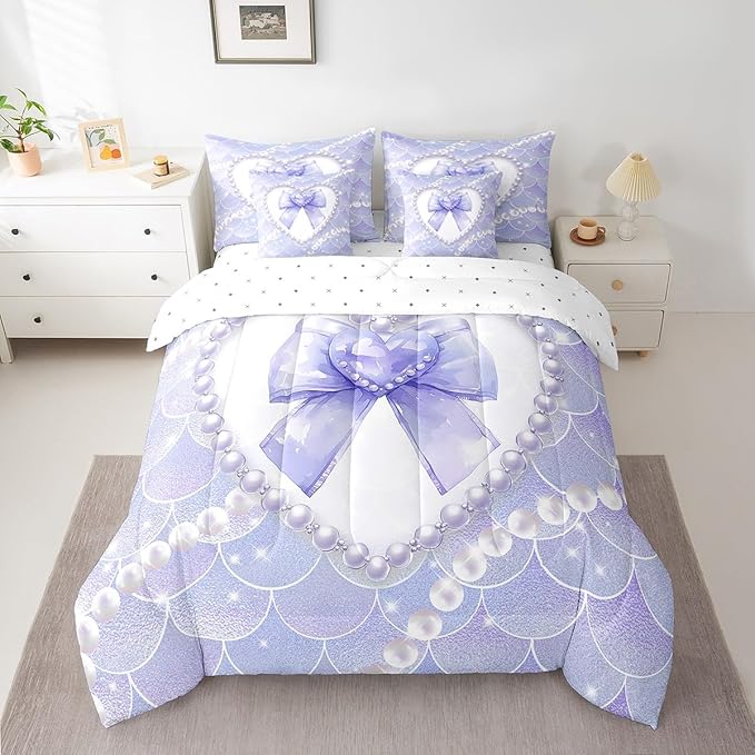 jejeloiu Girls Purple Bowknot 7 Piece Bedding Set Full Size White Pearl Comforter Set with Sheets for Kids Women Glitter Mermaid Bed in a Bag Princess Style Bed Set