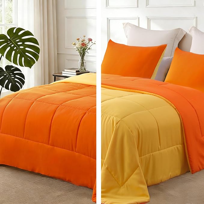 Exclusivo Mezcla Lightweight Reversible Full Queen Size Comforter Set, Down Alternative Comforter with 2 Pillow Sham, Full Queen Size Bedding Set for All Seasons, Orange/Yellow