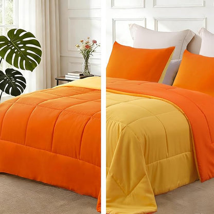 Exclusivo Mezcla Lightweight Reversible King Size Comforter Set, Down Alternative Comforter with 2 Pillow Sham, King Size Bedding Set for All Seasons, Orange/Yellow