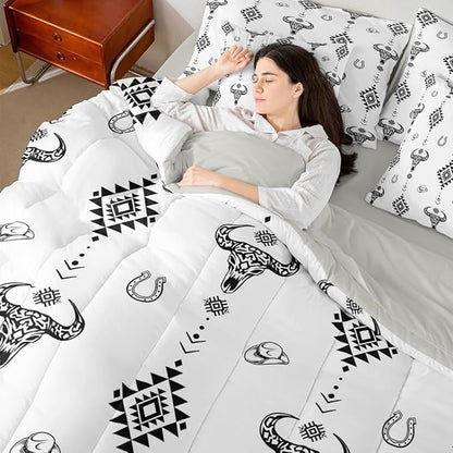 Erosebridal Bull Skull 7 Piece Bedding Set Full Boho Comforter Set with Sheets Aztec Horseshoe Arrow Southwest Geometric Bed in a Bag Cowboy Hat Dot Western White for Teens Men Women