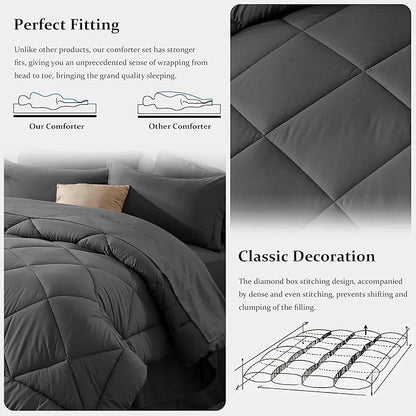 Newspin Queen Comforter Set Dark Grey - Bed in a Bag Queen Size 8 Pieces, All Season Bed Set, Fluffy Comforter Set with Sheets, Sheet Set Quilt Blanket, Pillowcases & Shams & Bed Skirt