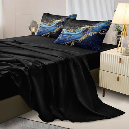 Black Gold Bedding Blue Marble Comforter Set 8 Pieces King Bed in a Bag with 1 Black and Blue Comforter, 1Flat Sheet, 1 Fitted Sheet, 4 Pillowcases, 1 Marble Cushion Cover