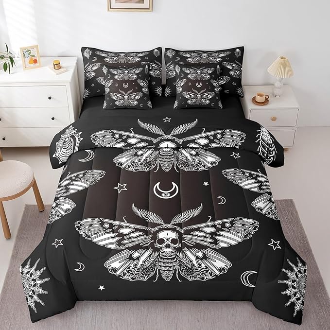 Feelyou Boho Moth Comforter Set King Size 7 Pcs Bohemian Moon Sun Comforter Bed in a Bag Goth Moth Skull Skeleton Bedding Set for Boys Girls Halloween Bed Set with Sheets, Pillowcases, Pillow Covers