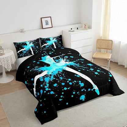 Erosebridal Girls Gymnastics Bedding Set - Blue Tie Dye Queen Size Comforter Set with Down Comforter for Gymnast Kids & Teens - Dance Room Decor & Sport Game Duvet Set