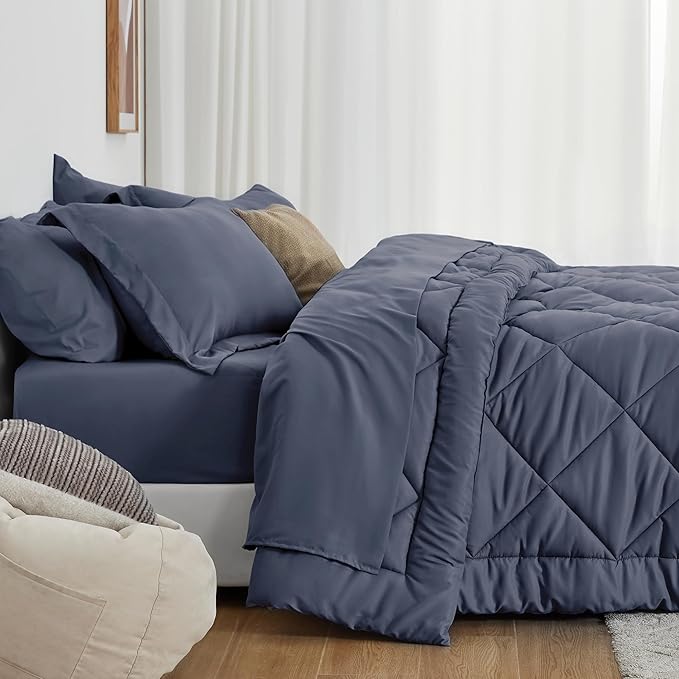 Love's cabin California King Comforter Set Navy Blue, 7 Pieces California King Bed in a Bag, All Season Bedding Sets with 1 Comforter, 1 Flat Sheet, 1 Fitted Sheet, 2 Pillowcase and 2 Pillow Sham