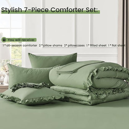 QUIETSEA Queen Bed in a Bag 7 Pieces Comforter Set Queen, Ruffle Shabby Chic Bedding Comforter Set Green Bed Set with Comforter, Pillowcases, Flat Sheet, Fitted Sheet and Pillow Shams
