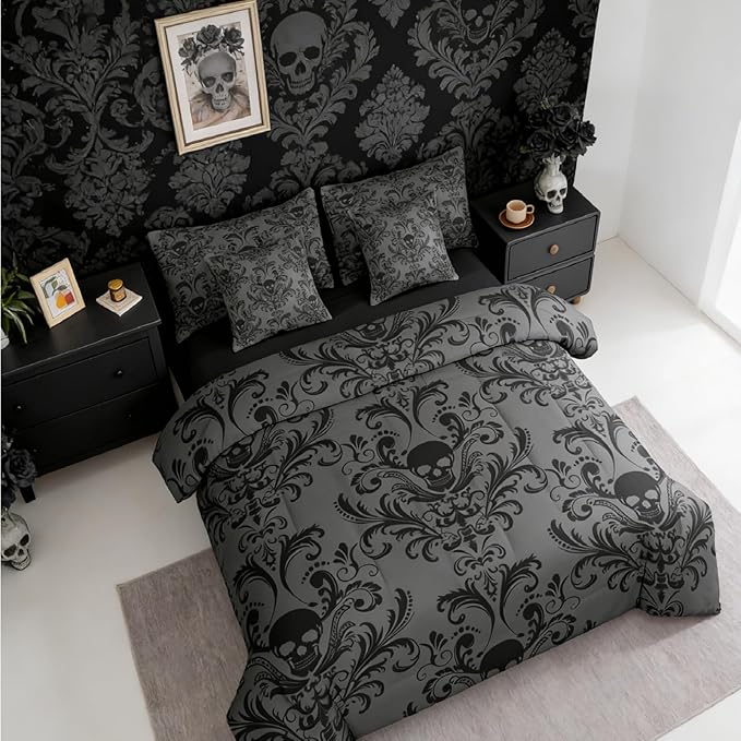 Erosebridal Gothic Damask Bed in a Bag King Size Comforter Set 7 Pieces,Sugar Skull Bedding Sets Black Grey Victorian Floral Goth Sheet Set with Comforter