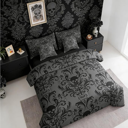 Erosebridal Gothic Damask 7 Piece Comforter Set Full Bed in a Bag,Sugar Skull Bedding Sets Black Grey Victorian Floral Goth Sheet Set with Comforter