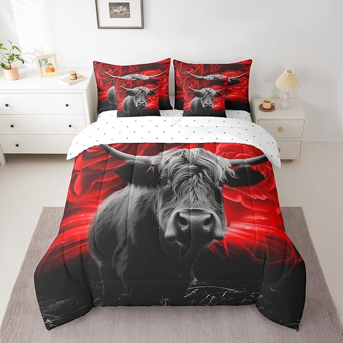 Erosebridal Highland Cow Comforter Set 7 Piece,Red Rose Bed in a Bag King,Western Bull Cattle Fitted Sheet,Romantic Rose Floral Quilt Set,Wild Animals Wildlife Bedding Set Farmhouse Bedroom Decor
