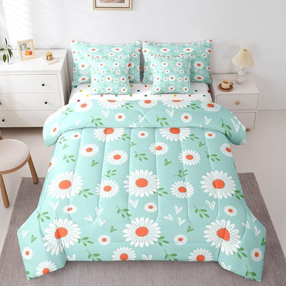 Feelyou Daisy Comforter Set with Sheets 7 Piece Twin Size Botanical Floral Printed Bedding Set for Kids Boys Girls Garden Plants Design Bed in a Bag Blue Room Decor Soft Lightweight Microfiber