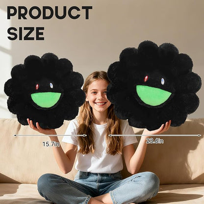 Flower Pillow,Flower Shaped Throw Pillow,Cute Smiley Face Floor Cushions,Colorful Sunflower Plush Pillows,Cute Plushie Room Decor,Valentines Day Decorative Pillows for Bedroom,Sofa,Dorm (Black,23.6In)