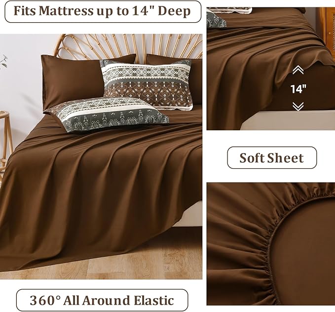 WONGS BEDDING Boho Comforter Set King, 7 Pieces Brown Comforter and Sheet Set,Bohemian Striped Floral Pattern Comforter Bedding Set,Soft Microfiber Bed in a Bag for All Season