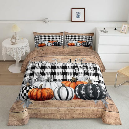 Fall Pumpkins Comforter Set Twin Rustic Farmhouse Thanksgiving Theme Bedding Set Black White Buffalo Plaid Bedding Comforter Sets Happy Autumn Fall Quilt Duvet Wooden Board Home Room Decor 2 Pcs