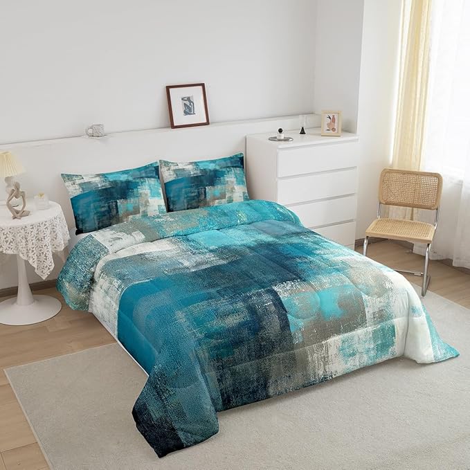 Erosebridal Turquoise and Grey Comforter Set Queen,Grunge Teal Ombre Duvet Insert for Adult Warm,Vintage Watercolor Artwork Bedding Set Bedroom Decor,Contemporary Quilt Comforter with 2 Pillowcases