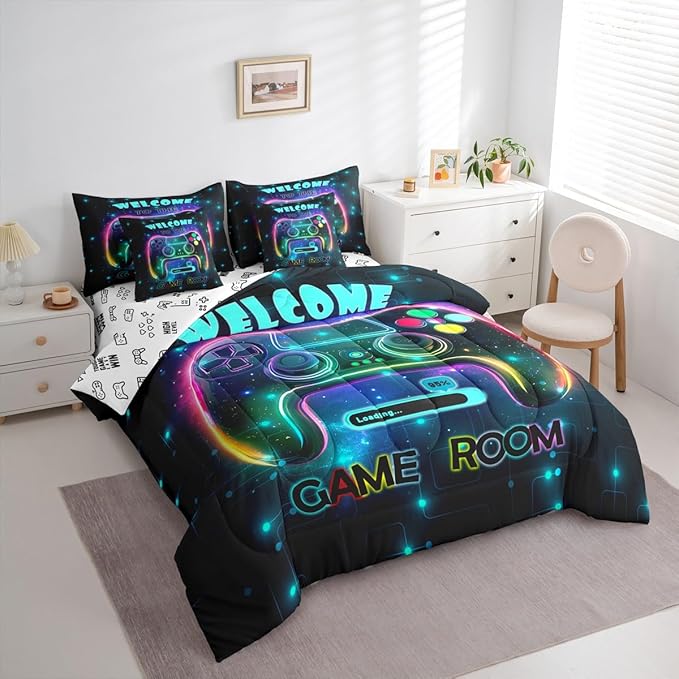jejeloiu Cool Gamer 7 Piece Bedding Set King Size for Boys 3D Gaming Comforter Set with Sheets Kids Teens Bright Color Bed in a Bag Modern Game Console Bed Set