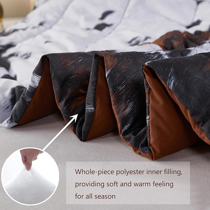 PERFEMET Black King Size Comforter Set 3 Pieces Cow Print Bedding Set Western Farmhouse Rustic Bed Comforter Animal Cowhide Quilt Set for Bedroom Decoration
