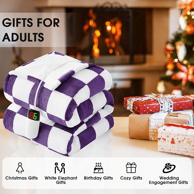 Heated Electric Blanket Throw, 50X60 Heating Blanket with 10 Heat Level & 8 Hours Auto Off for Lap, Deep Purple Checkered Plaid Soft Sherpa Blankets Warmer Gifts for Couch Grandma Women Adults