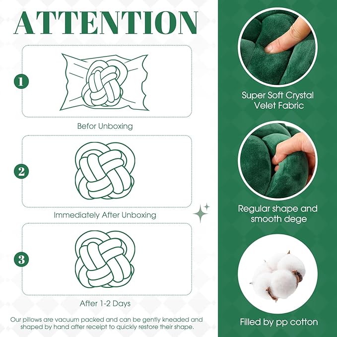 2 Pcs Knot Pillow Balls Set, 12 Inch Soft Decorative Throw Knot Pillow Ball, Large Square Knotted Floor Cushion for Living Room Bedroom Sofa Couch Bed Home Decoration(Dark Green)