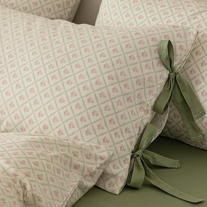 HighBuy Vintage Full Comforter Set Fluffy Cozy with Pink Floral Plaid Print Coquette Cottagecore Bedding Comforter with 2 Bowknot Bow Tie Pillowcases Boho Chic Comforter Set for Women Girls