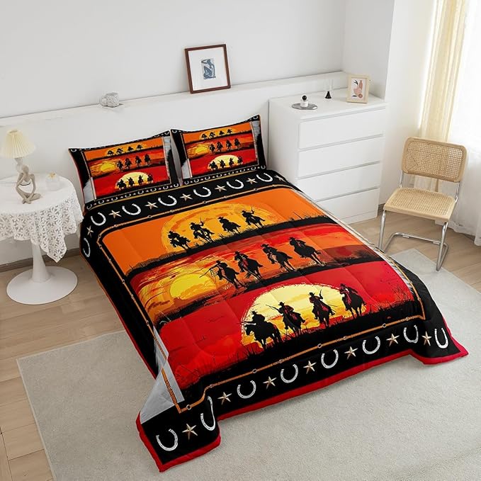 Feelyou Orange Western Decor Comforter Toddler Size Wild Western Cowboy Comforter Set for Boys Children Horse Setting Sun Patchwork Bedding Set Room Decor Horseshoes West Texas Star Duvet Set 2Pcs