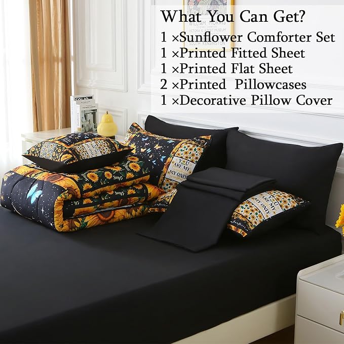 JQinHome Sunflower Comforter Set Twin for Girls Women,6 Piece Bed in A Bag 3D Black Sunflower Theme Butterfly Bedding Set with Sheet Set(Black)
