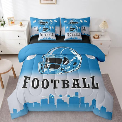 Erosebridal Football King Bed in A Bag American Rugby Sports 7 Pcs Bedding Set Sports Games Comforter Set with Sheets for Kids Boys Teen,Blue Grey Ombre Football City Sheet Set with Comforter
