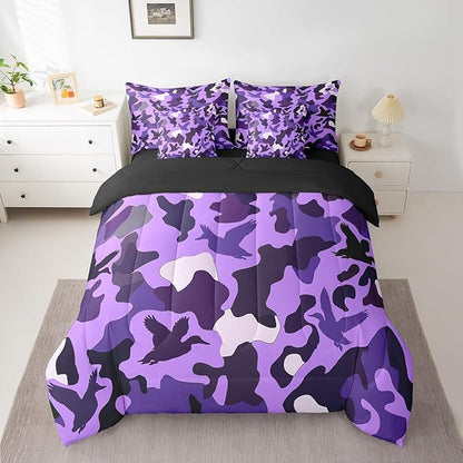 Erosebridal Camouflage 7 Piece Comforter Set Full Size Hunting Bedding for Kids Girls Army Duck Hunter Bed in A Bag Sheet Set Vintage Purple Black Bedroom Decor Wild Animal Duck Rustic Bed Set