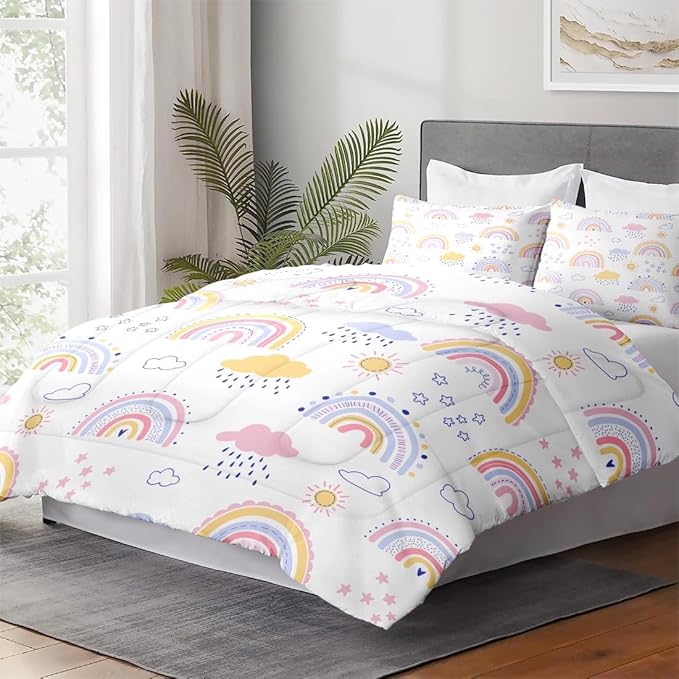 Queen Size Comforter Set with 2 Pillowcases, Pink Rainbow Kids Nursery Soft 3 Pcs Bedding for Kids and Adults Bedroom Bed Decor