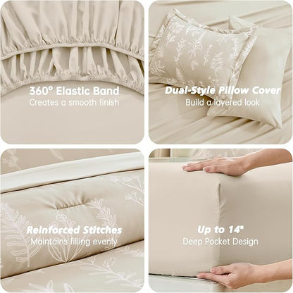 MUXHOMO Beige Bed in a Bag Queen 7 Pieces, Queen Comforter Set Reversible Botanical Flowers Design, Ultra Soft & Breathable Bedding Sets with Comforter, Sheets, Pillowcases & Shams