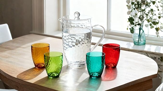 Pitcher with Lid and 4 Tumblers Set, 92oz Plastic Water Jug, BPA-Free Beverage Pitcher for Fridge, Large Drink Carafe for Party, Juice, Ice Tea, Sangria, Lemonade, (Set of 5 in Gift Box)