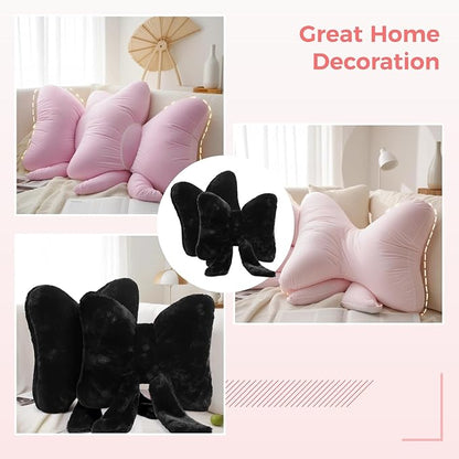 2 PCS Black Bow Pillow, Soft Bow Decorative Pillows with Faux Fur, Cute 12" Bow Throw Pillows, Aesthetic Home Decor Bow Shaped Plush Pillow for Bedroom Sofa Couch