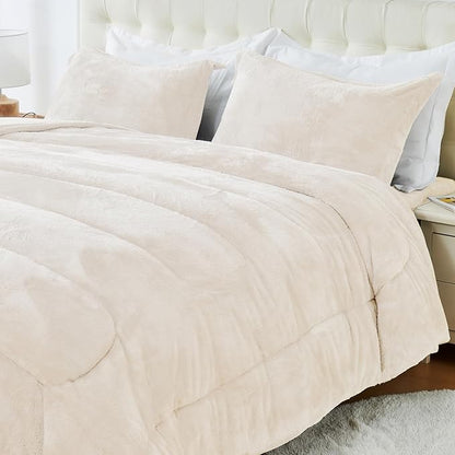 YIYEA Fluffy Queen Size Comforter Set, Luxury Faux Fur Comforter, Ultra Soft Plush Fuzzy Velvet Bedding Comforter Sets for Fall Winter, Cozy Warmth, No Shedding, 3PC, Queen, Ivory