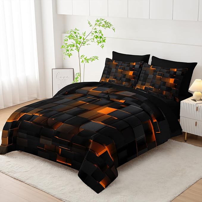 Geometric Yellow Black Full Comforter Set,Light Honeycomb Bedding Set 7 Piece in A Bag,Bed Sheet Set Geometry Decor,Microfiber Lightweight All Season