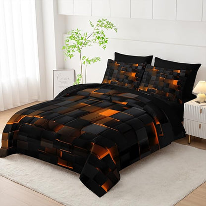 Geometric Yellow Black King Comforter Set,Light Honeycomb Bedding Set 7 Piece in A Bag,Bed Sheet Set Geometry Decor,Microfiber Lightweight All Season