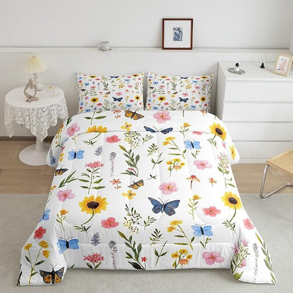 Manfei Wild Plants Comforter Set Full Size, Colorful Flower Butterfly Quilt Set with 2 Pillowcases, Botanical Floral Bedding Set 3pcs for Kids Girls Bedroom Decor Lightweight Duvet Insert